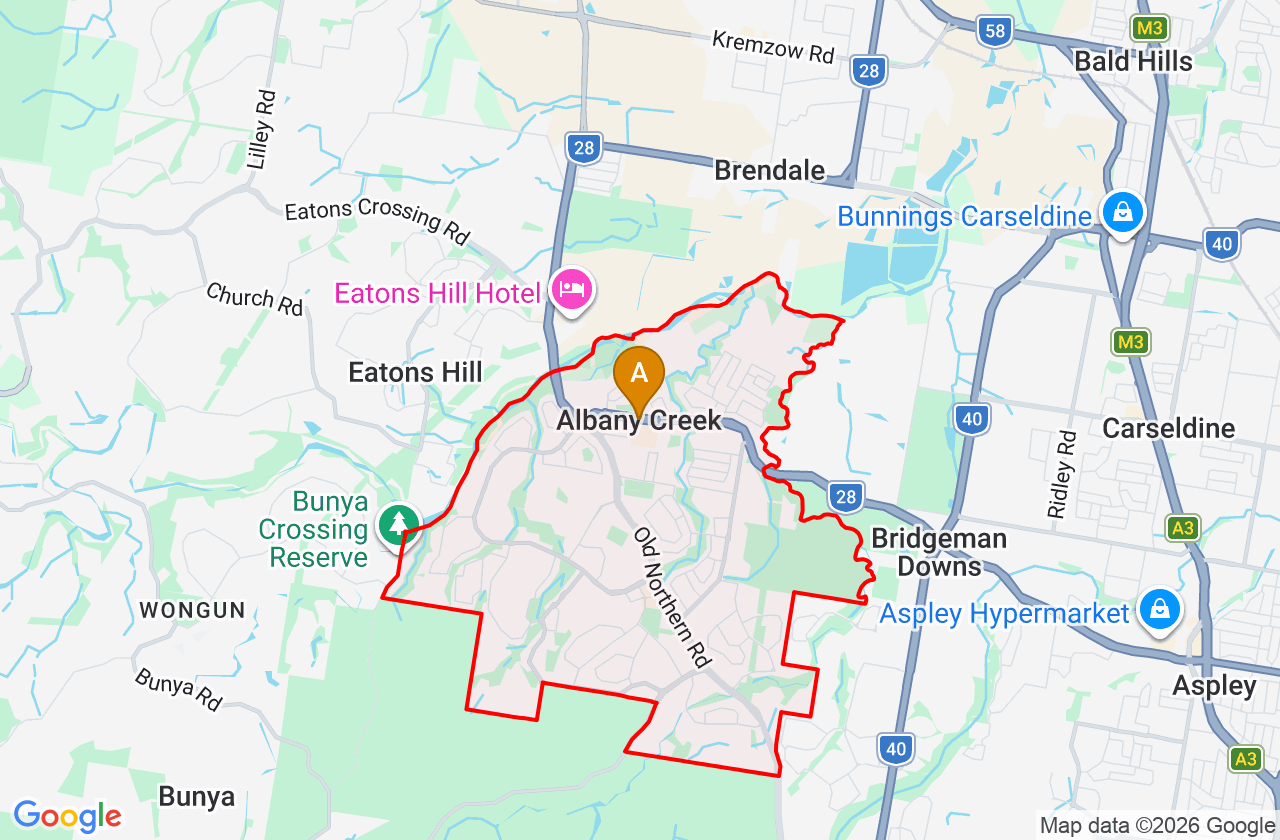 Map showing PCFixer computer repair service area and suburb boundary around Albany Creek QLD