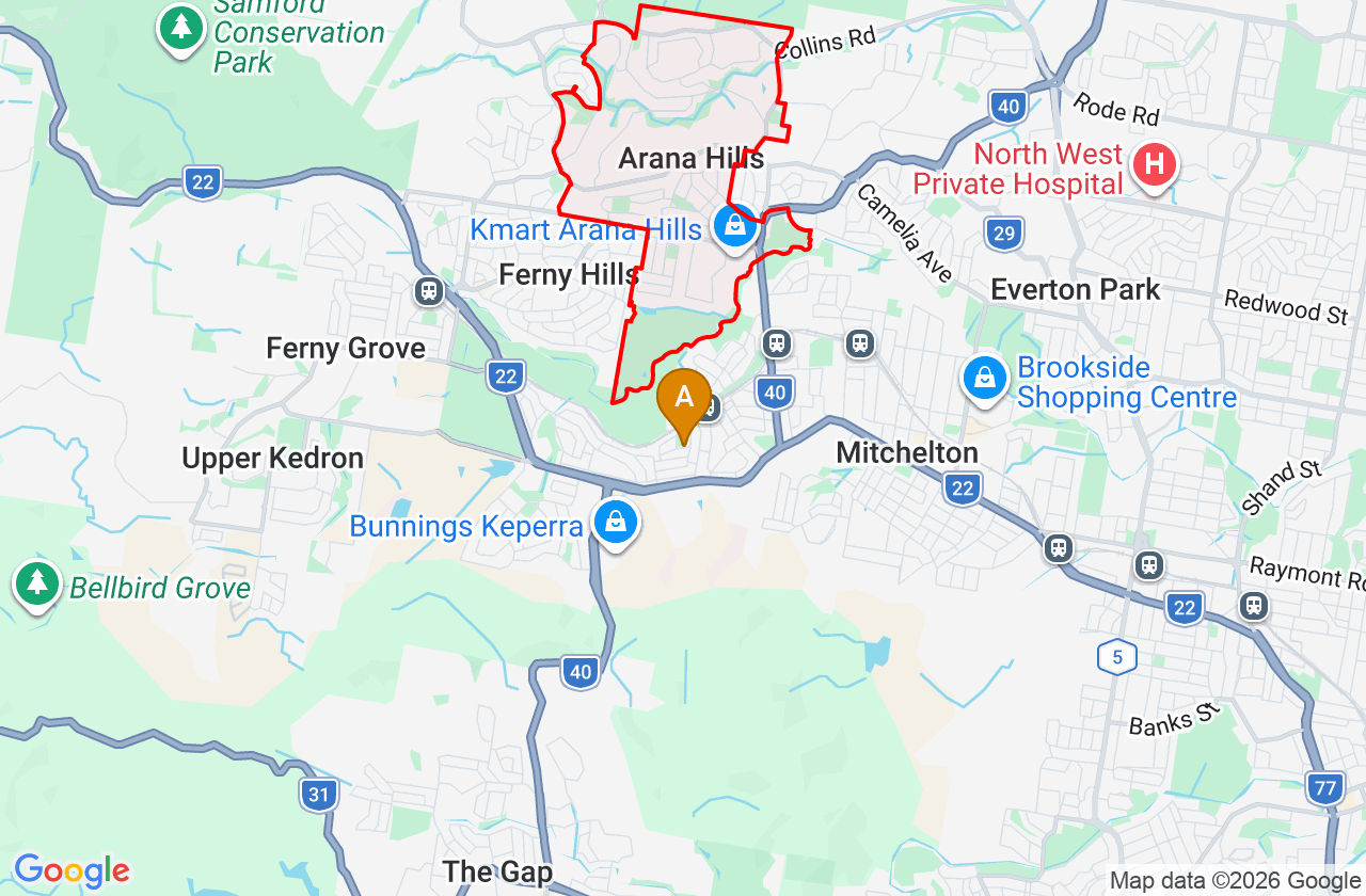 Map showing PCFixer computer repair service area and suburb boundary around Arana Hills QLD