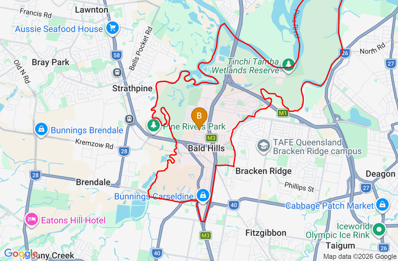 Map showing PCFixer computer repair service area and suburb boundary around Bald Hills QLD