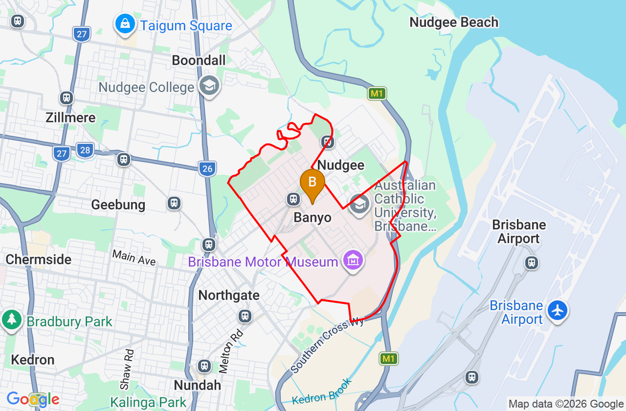 Map showing PCFixer computer repair service area and suburb boundary around Banyo QLD