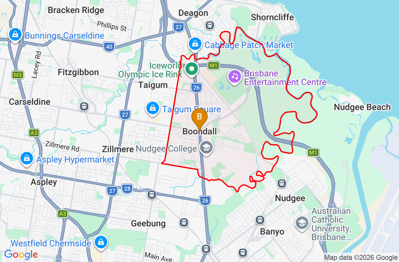 Map showing PCFixer computer repair service area and suburb boundary around Boondall QLD