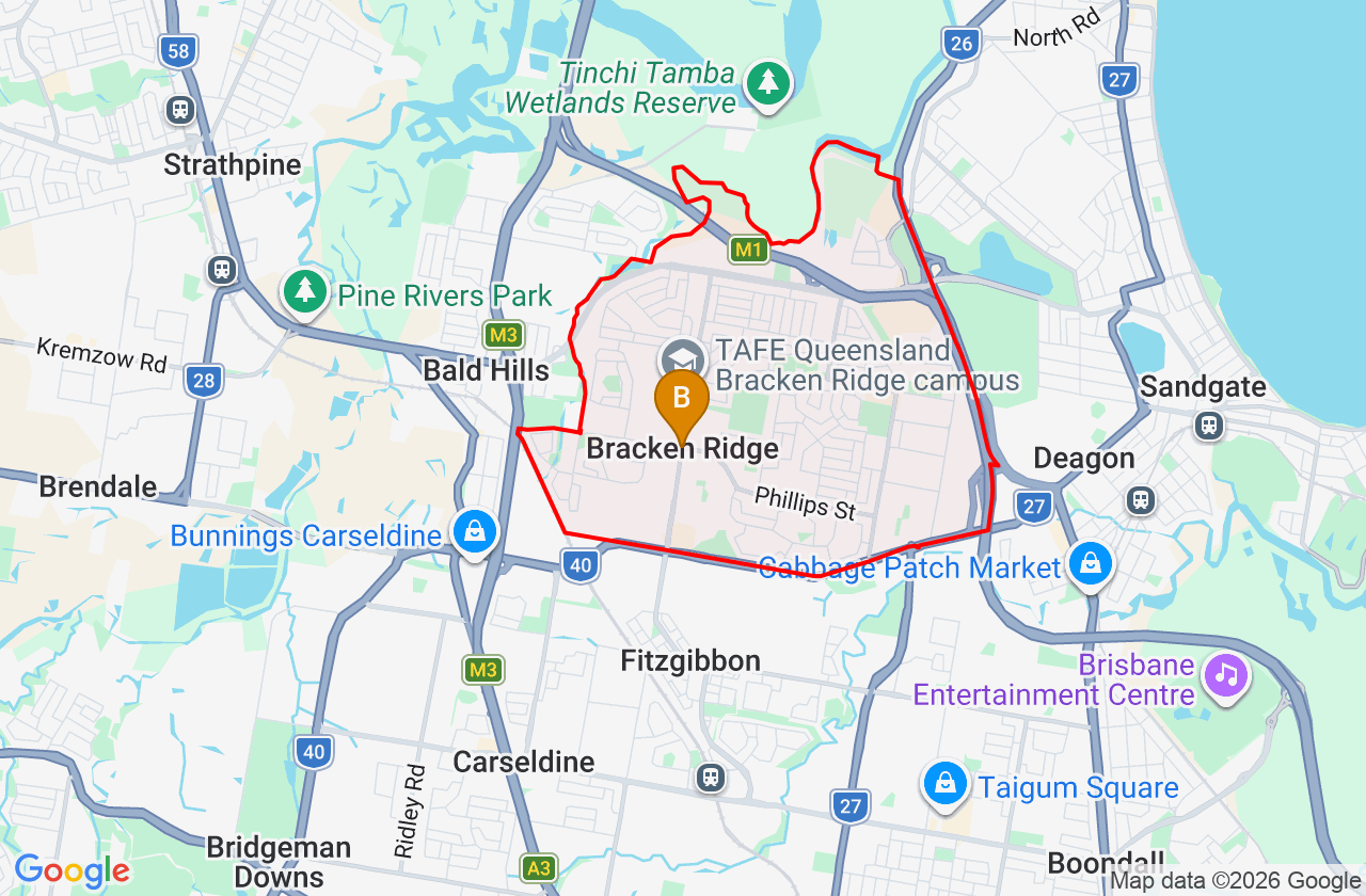 Map showing PCFixer computer repair service area and suburb boundary around Bracken Ridge QLD