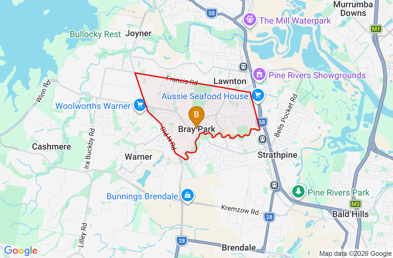 Map showing PCFixer computer repair service area and suburb boundary around Bray Park QLD