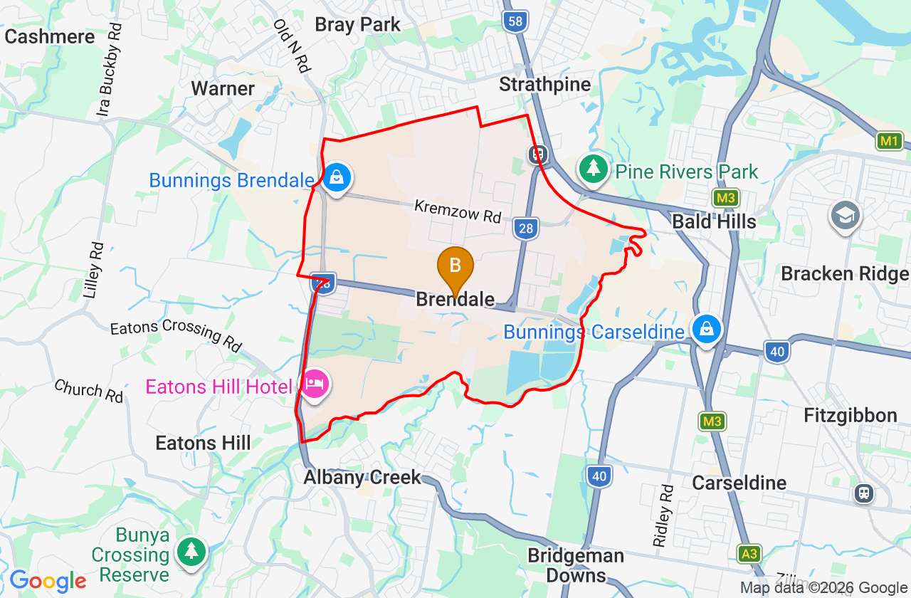Map showing PCFixer computer repair service area and suburb boundary around Brendale QLD