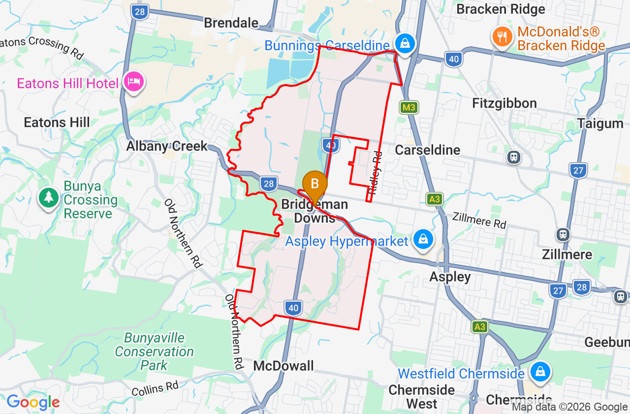 Map showing PCFixer computer repair service area and suburb boundary around Bridgeman Downs QLD