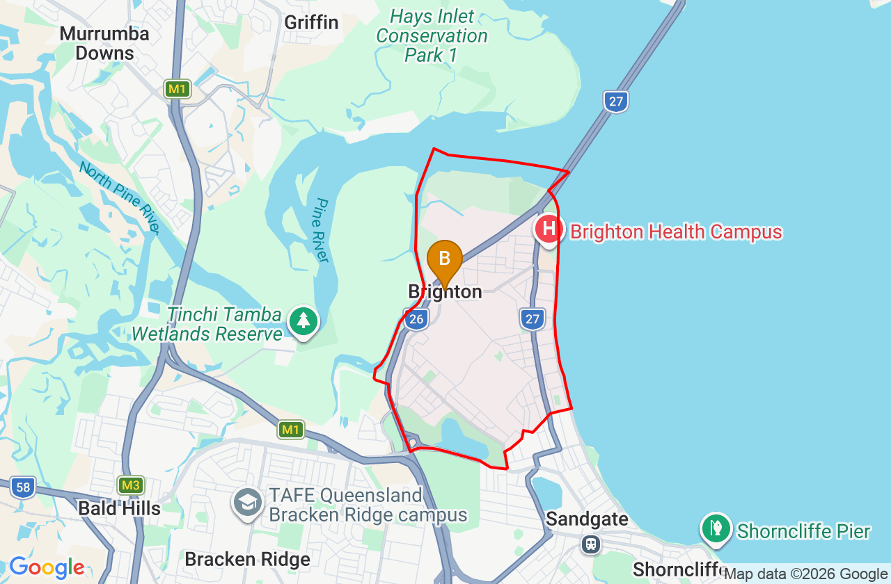 Map showing PCFixer computer repair service area and suburb boundary around Brighton QLD