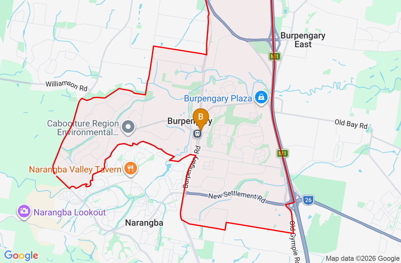 Map showing PCFixer computer repair service area and suburb boundary around Burpengary QLD