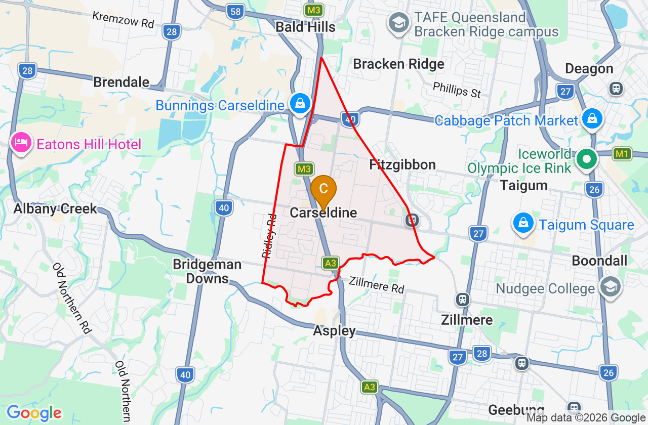 Map showing PCFixer computer repair service area and suburb boundary around Carseldine QLD