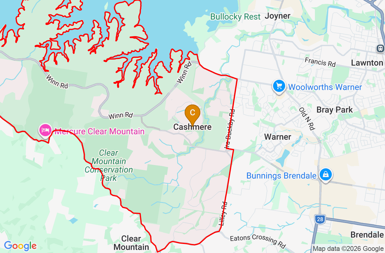Map showing PCFixer computer repair service area and suburb boundary around Cashmere QLD