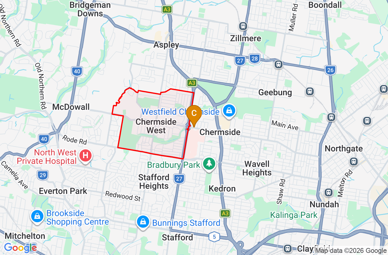 Map showing PCFixer computer repair service area and suburb boundary around Chermside West QLD