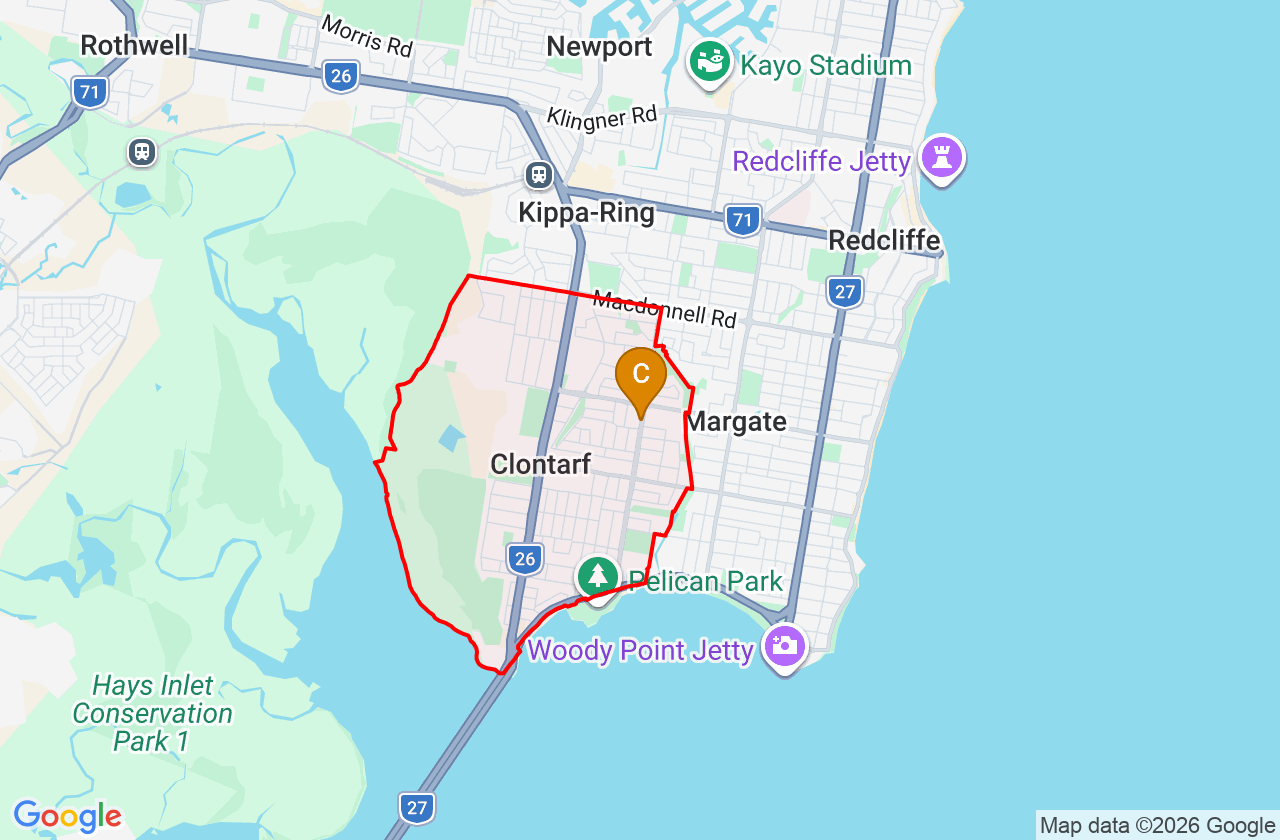 Map showing PCFixer computer repair service area and suburb boundary around Clontarf QLD