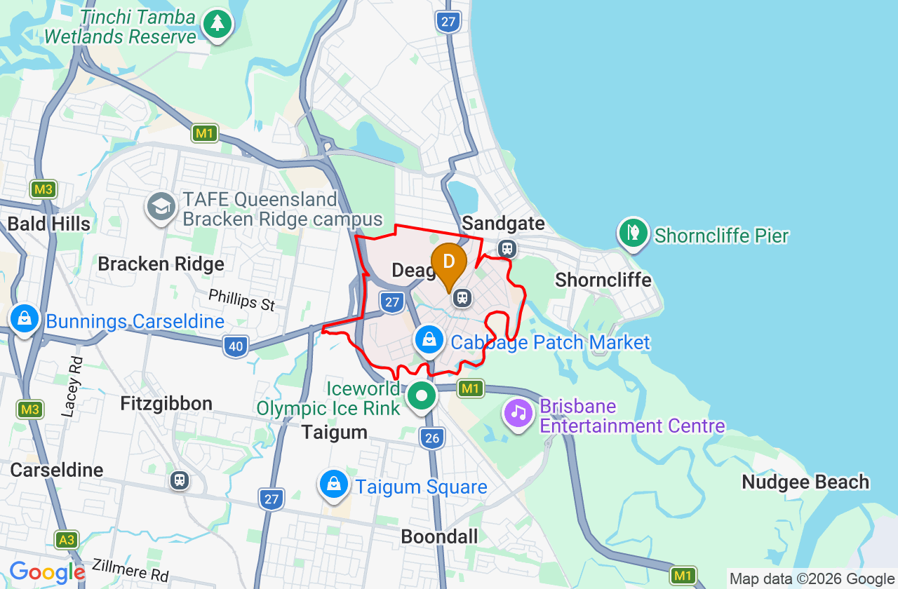 Map showing PCFixer computer repair service area and suburb boundary around Deagon QLD