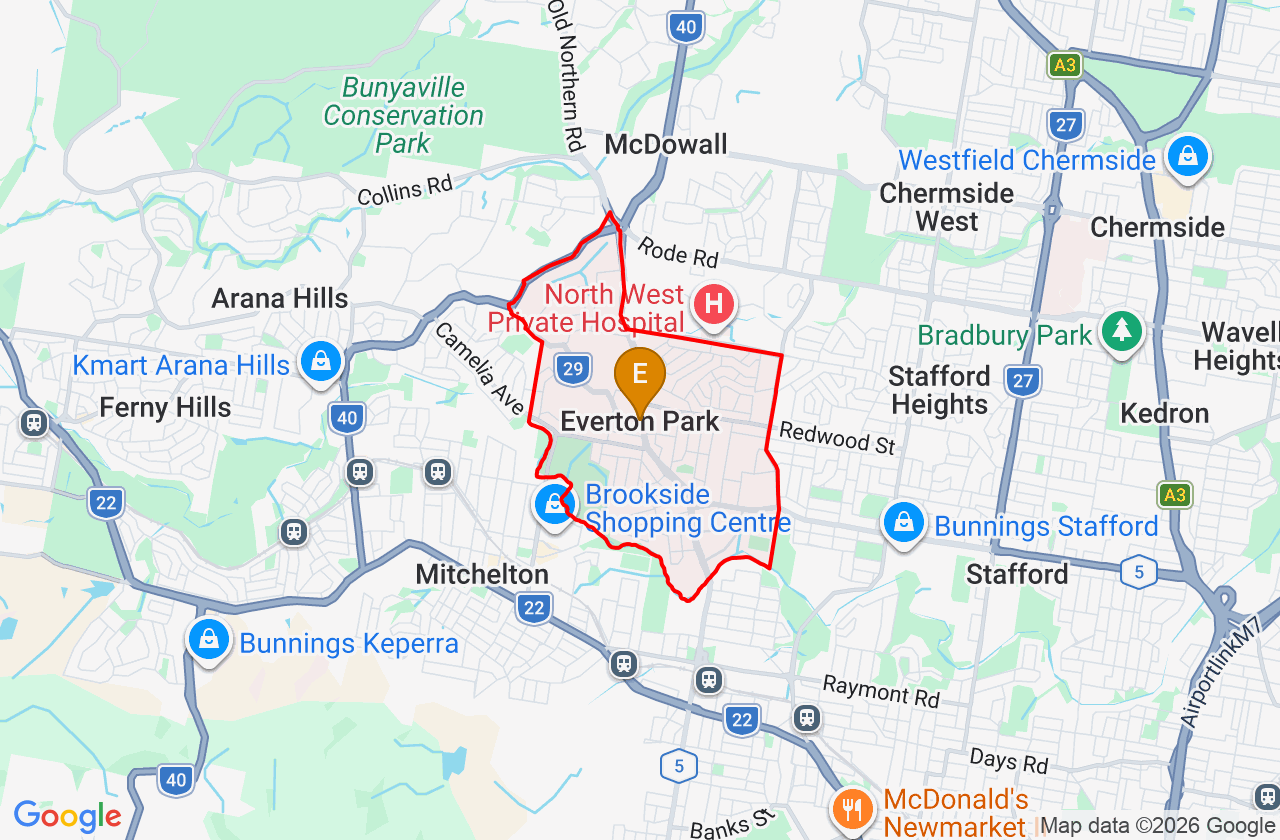 Map showing PCFixer computer repair service area and suburb boundary around Everton Park QLD