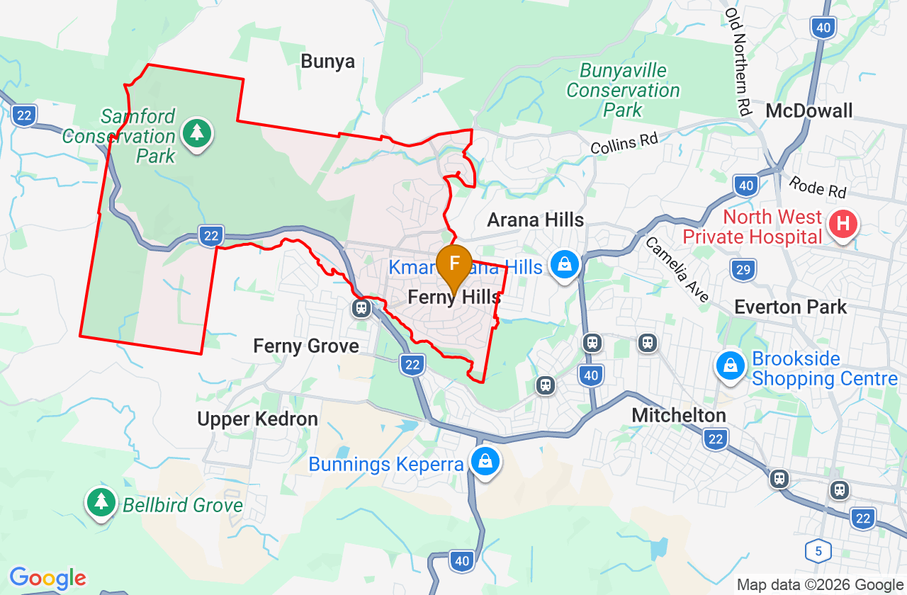 Map showing PCFixer computer repair service area and suburb boundary around Ferny Hills QLD