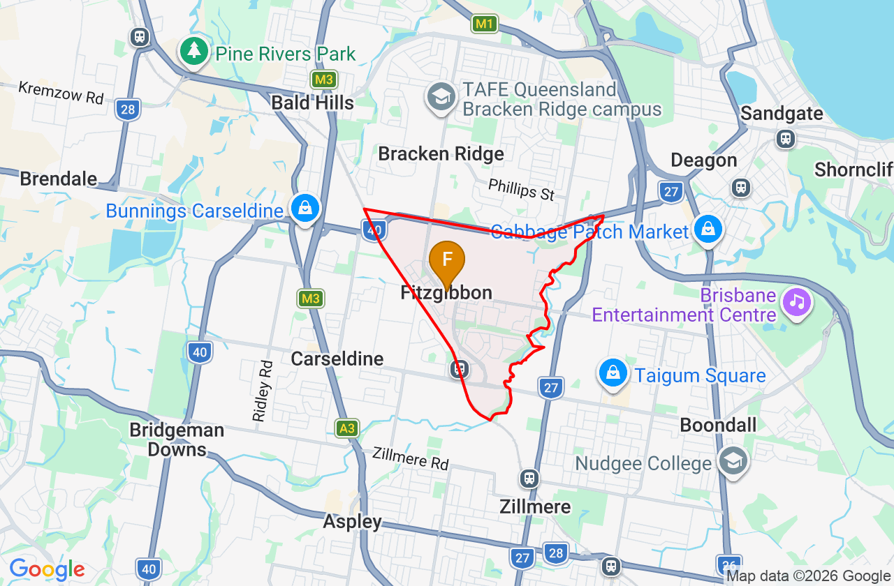 Map showing PCFixer computer repair service area and suburb boundary around Fitzgibbon QLD