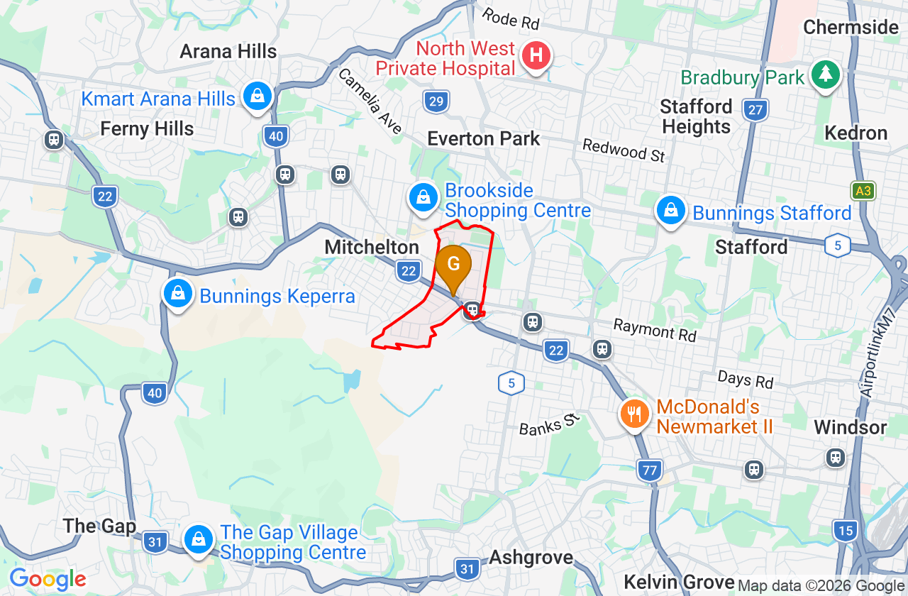 Map showing PCFixer computer repair service area and suburb boundary around Gaythorne QLD