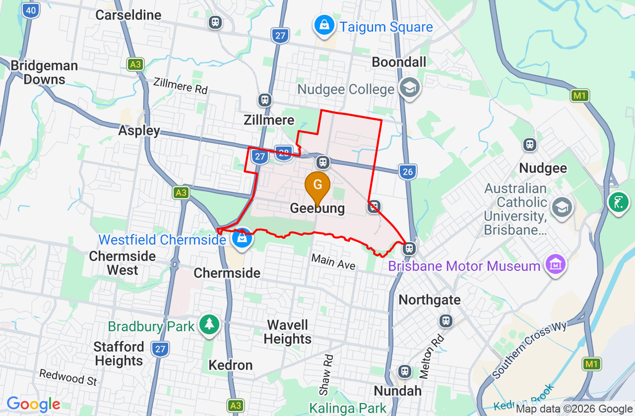 Map showing PCFixer computer repair service area and suburb boundary around Geebung QLD