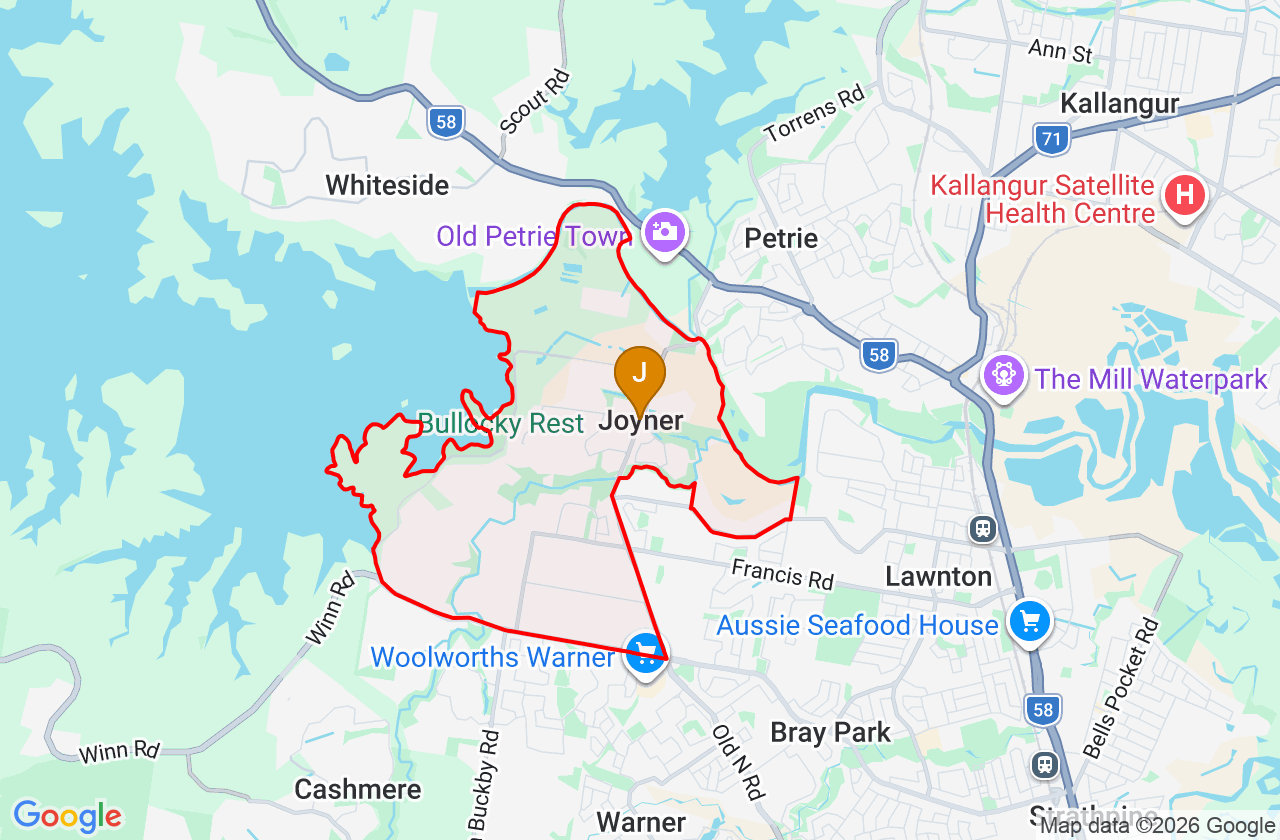 Map showing PCFixer computer repair service area and suburb boundary around Joyner QLD