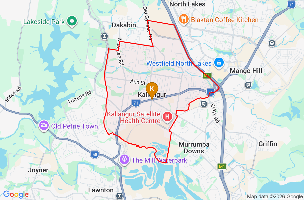 Map showing PCFixer computer repair service area and suburb boundary around Kallangur QLD