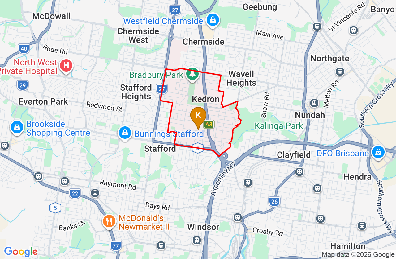 Map showing PCFixer computer repair service area and suburb boundary around Kedron QLD