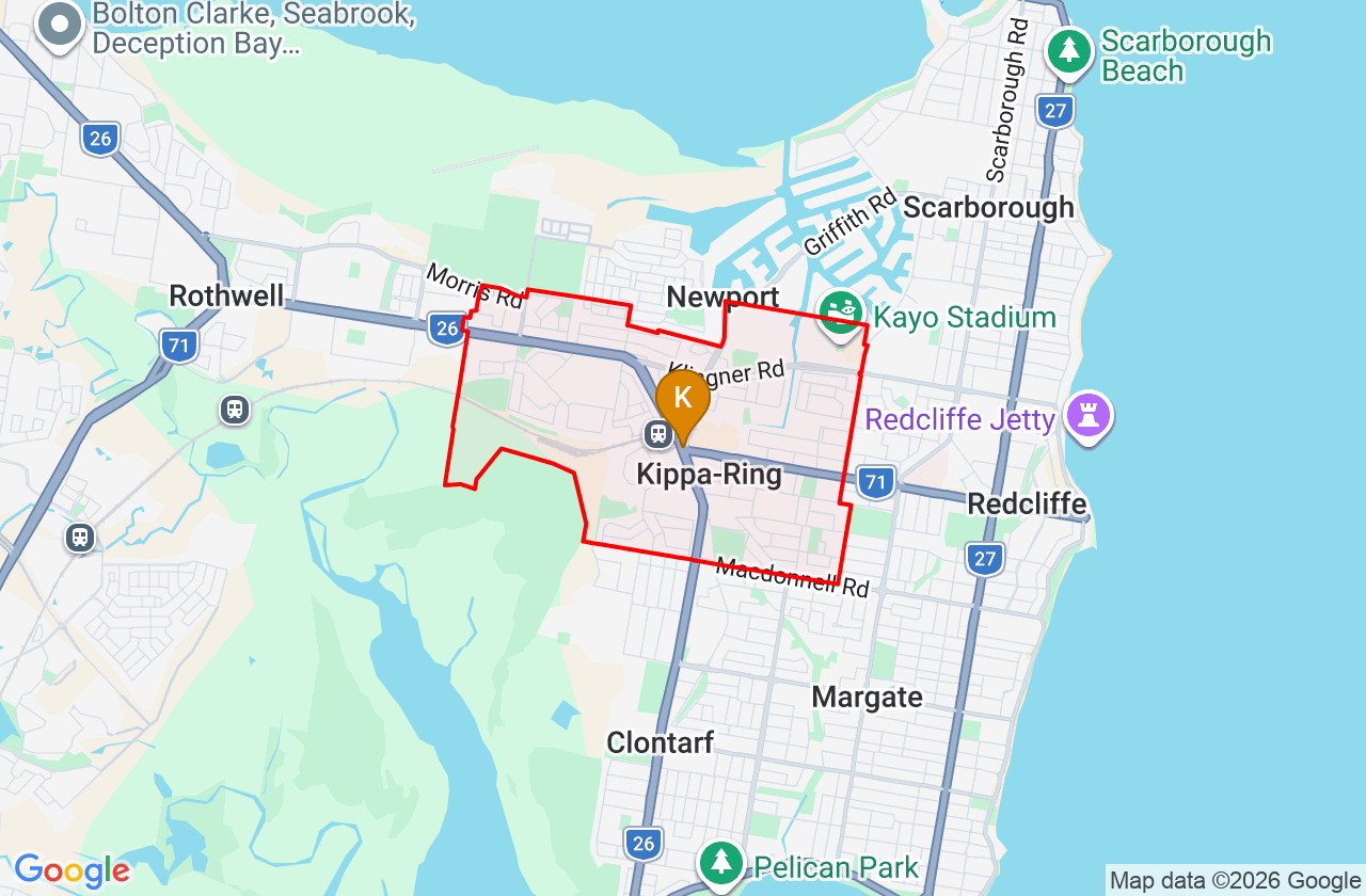 Map showing PCFixer computer repair service area and suburb boundary around Kippa-Ring QLD
