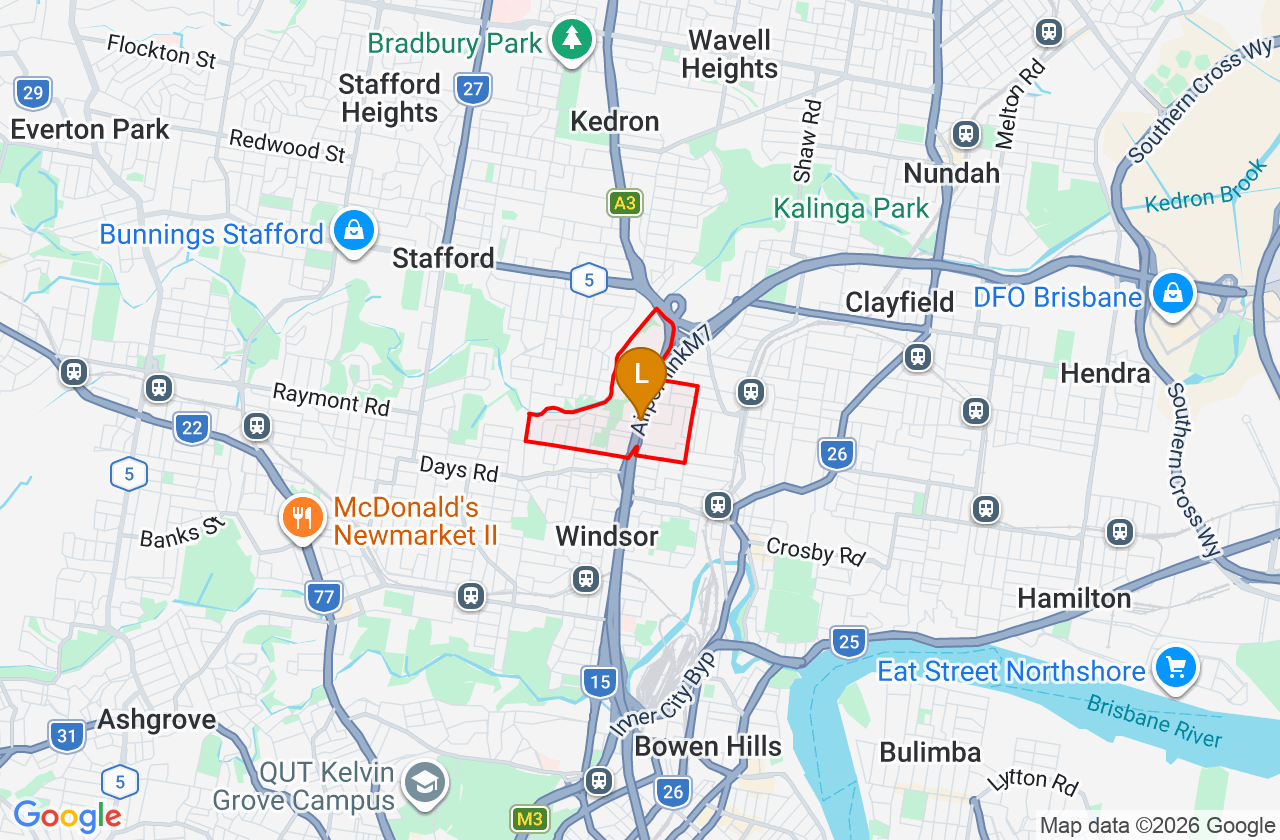 Map showing PCFixer computer repair service area and suburb boundary around Lutwyche QLD