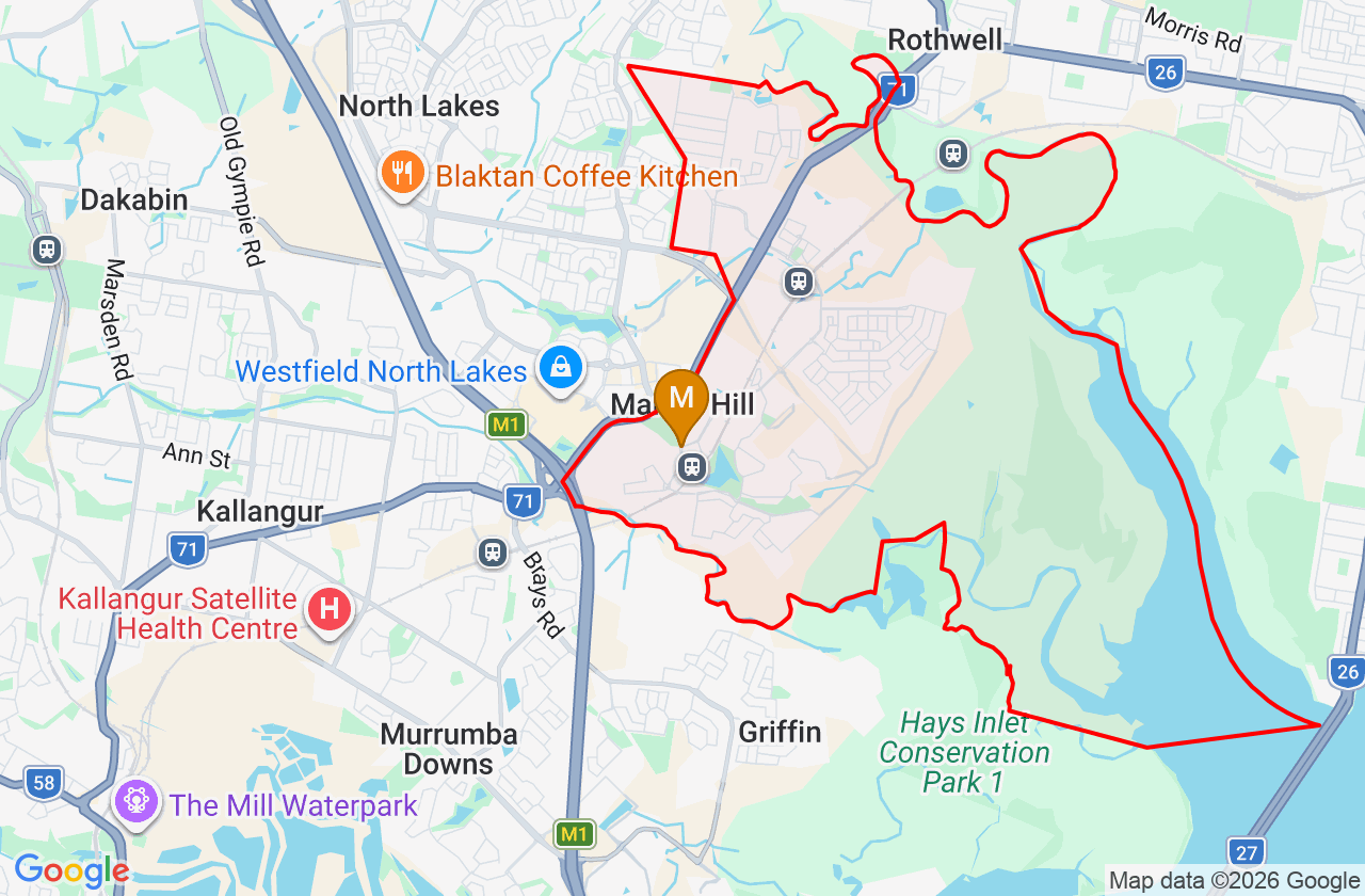 Map showing PCFixer computer repair service area and suburb boundary around Mango Hill QLD
