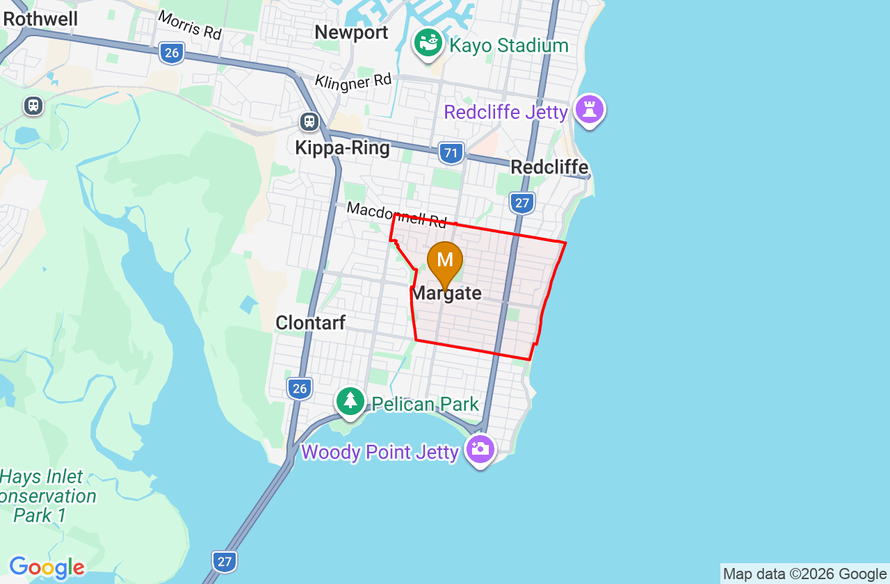 Map showing PCFixer computer repair service area and suburb boundary around Margate QLD