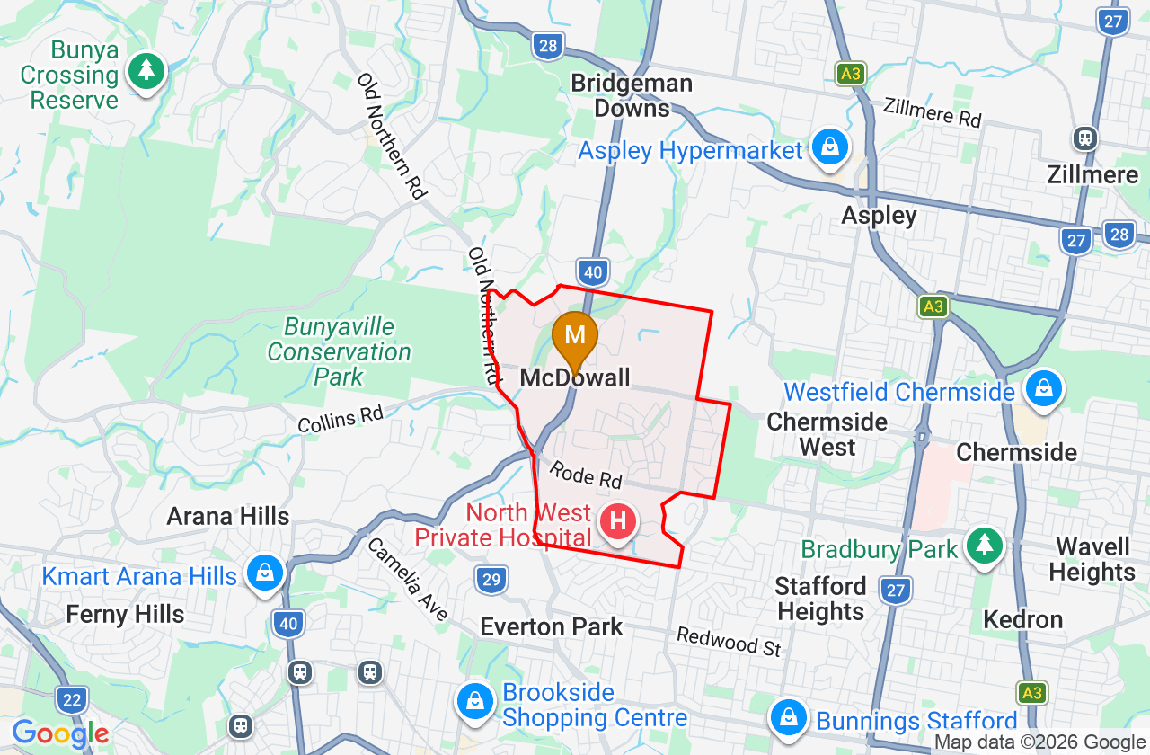 Map showing PCFixer computer repair service area and suburb boundary around McDowall QLD