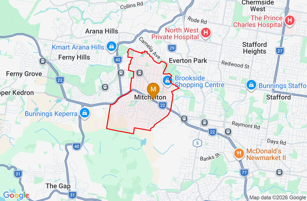 Map showing PCFixer computer repair service area and suburb boundary around Mitchelton QLD