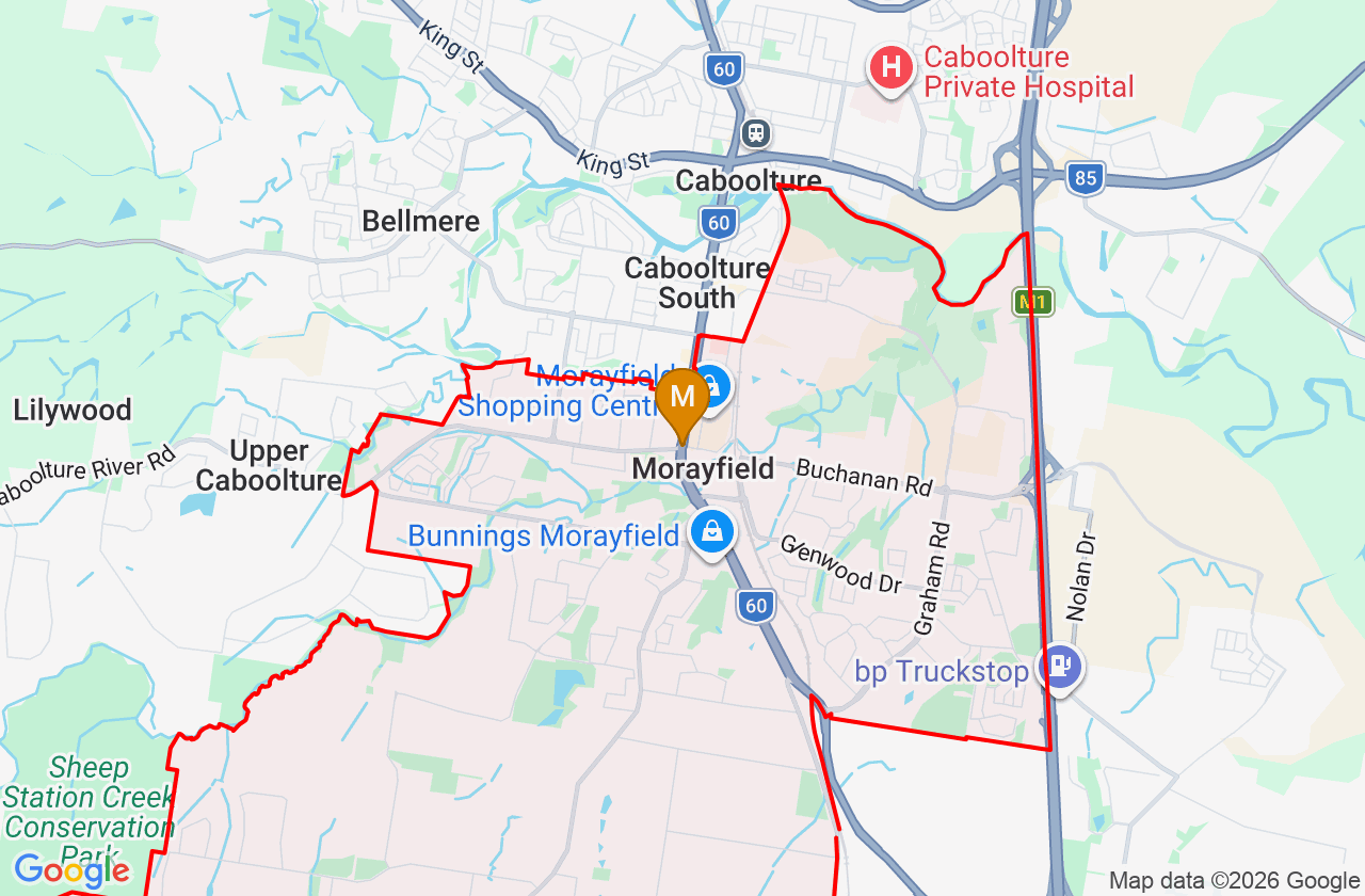 Map showing PCFixer computer repair service area and suburb boundary around Morayfield QLD