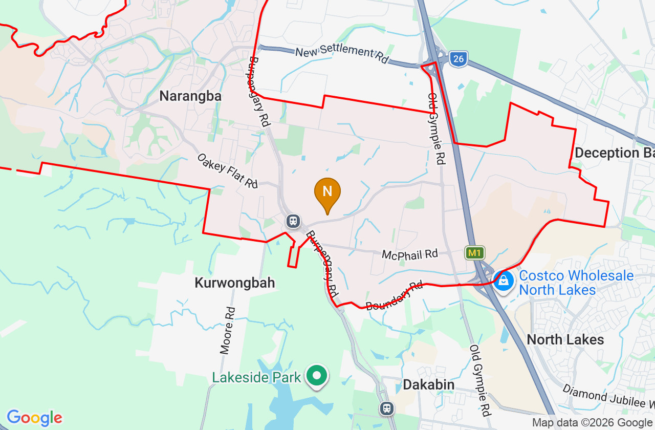 Map showing PCFixer computer repair service area and suburb boundary around Narangba QLD