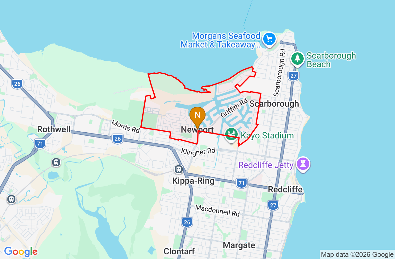 Map showing PCFixer computer repair service area and suburb boundary around Newport QLD