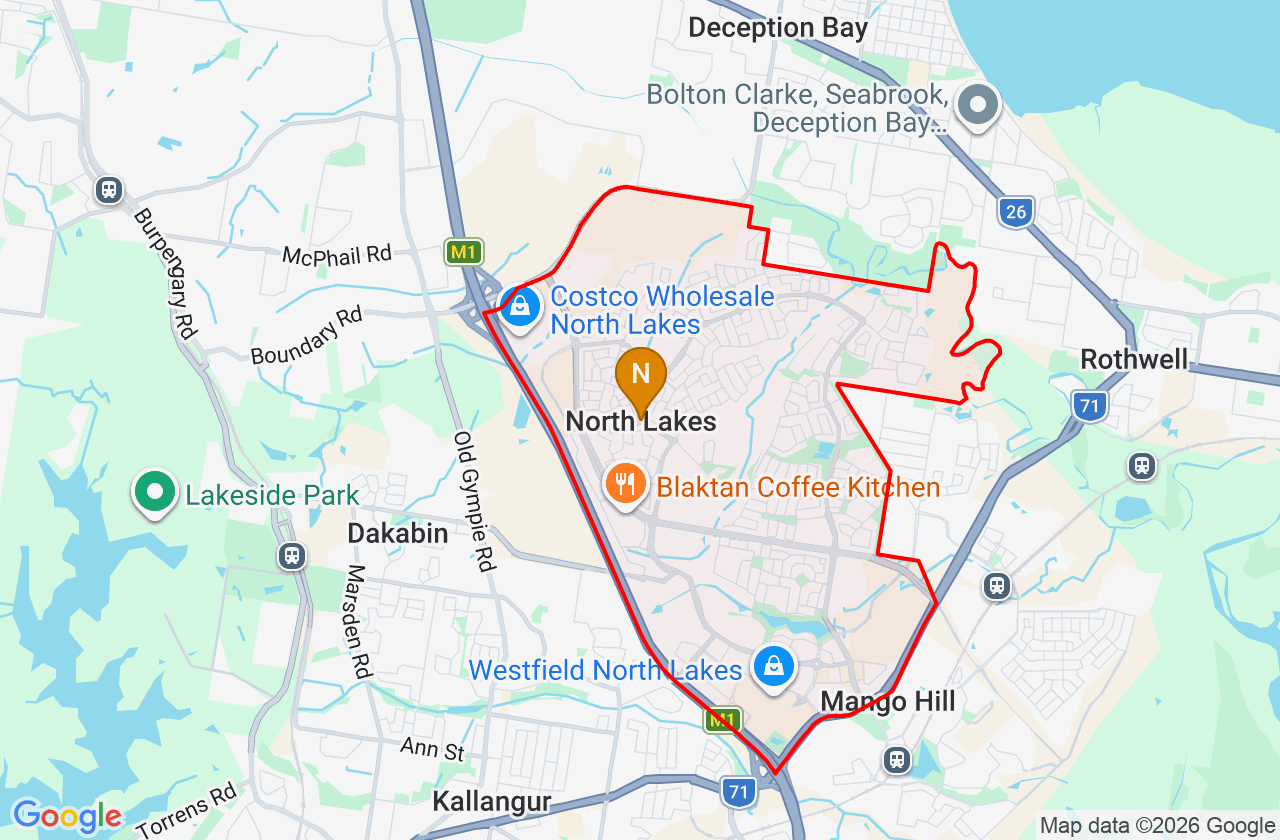 Map showing PCFixer computer repair service area and suburb boundary around North Lakes QLD