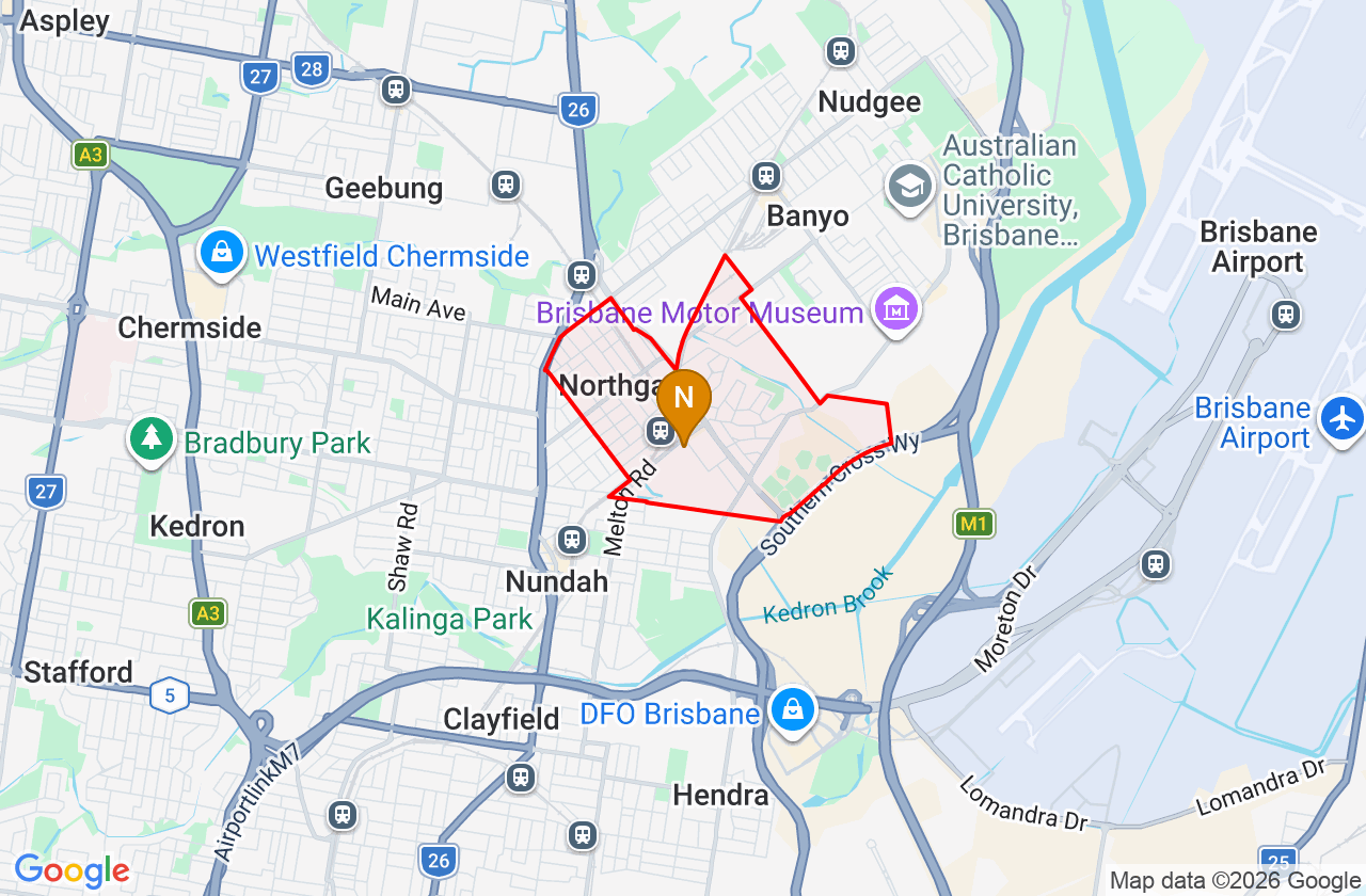 Map showing PCFixer computer repair service area and suburb boundary around Northgate QLD