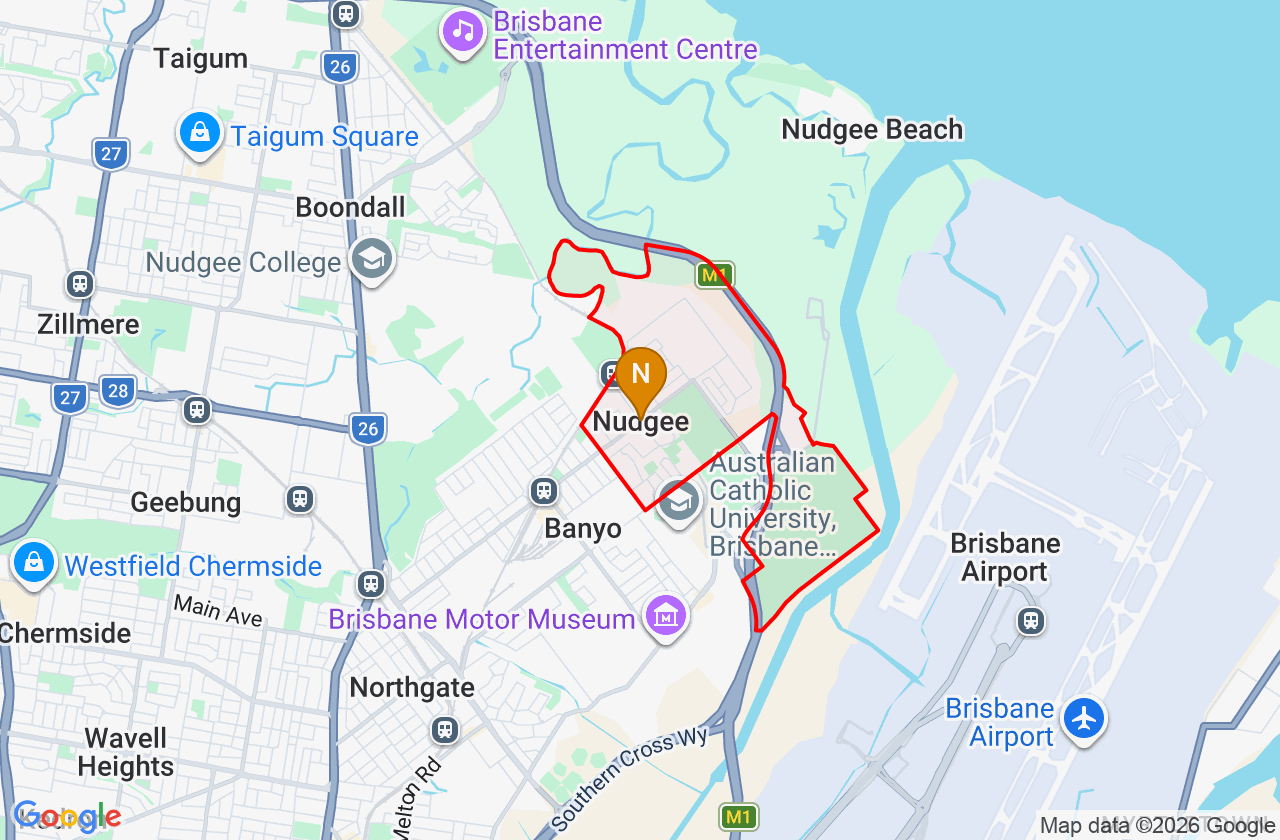 Map showing PCFixer computer repair service area and suburb boundary around Nudgee QLD