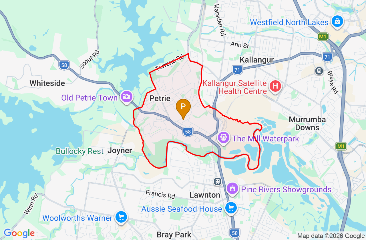 Map showing PCFixer computer repair service area and suburb boundary around Petrie QLD