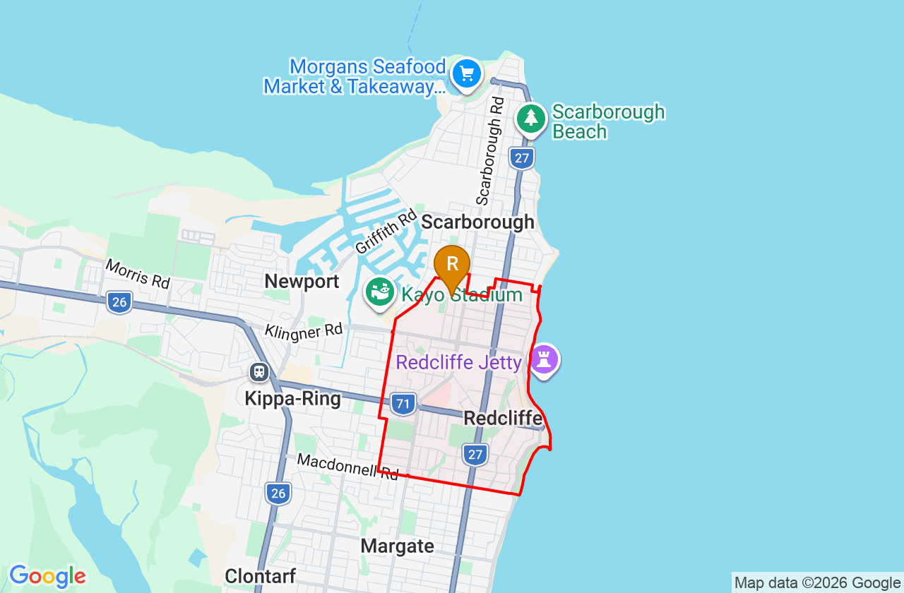 Map showing PCFixer computer repair service area and suburb boundary around Redcliffe QLD