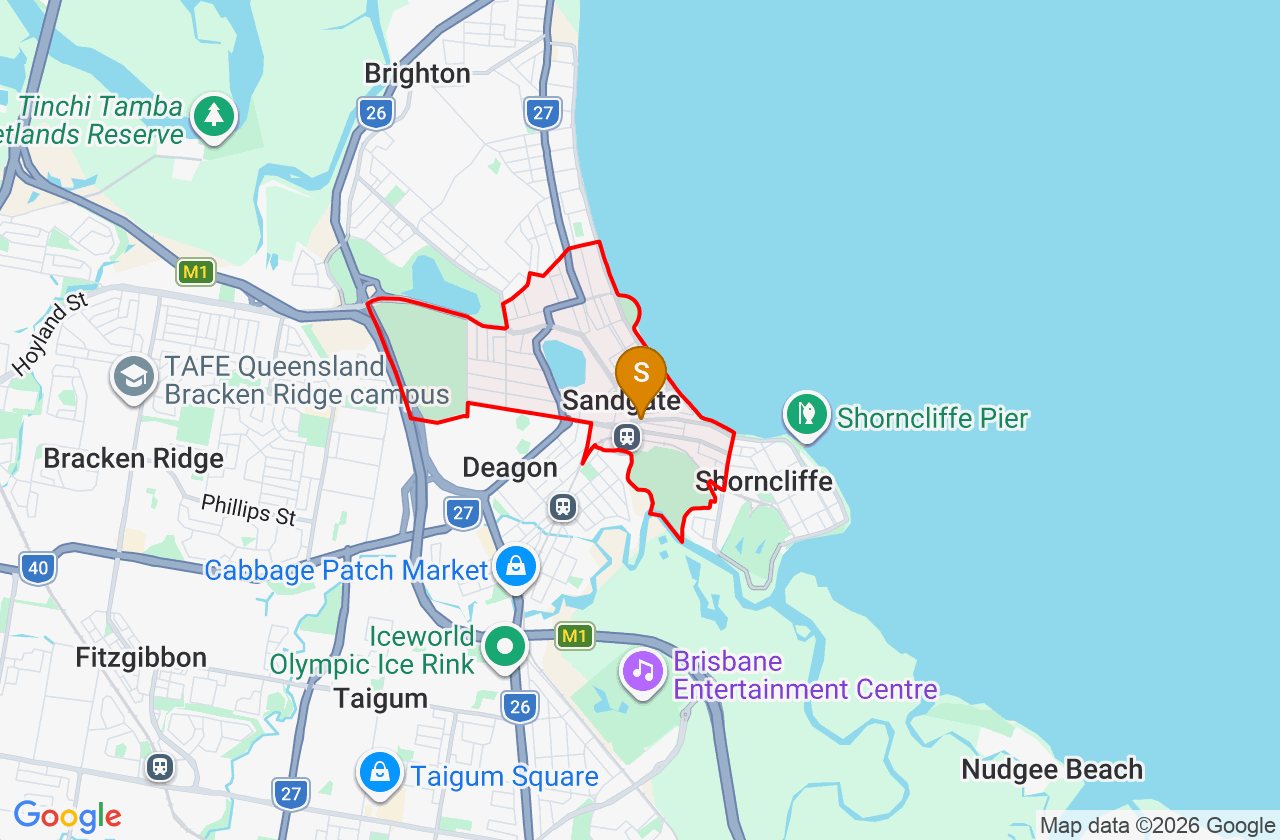 Map showing PCFixer computer repair service area and suburb boundary around Sandgate QLD
