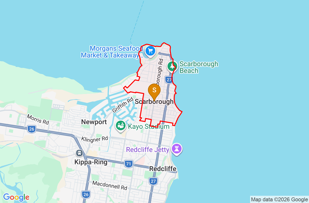 Map showing PCFixer computer repair service area and suburb boundary around Scarborough QLD