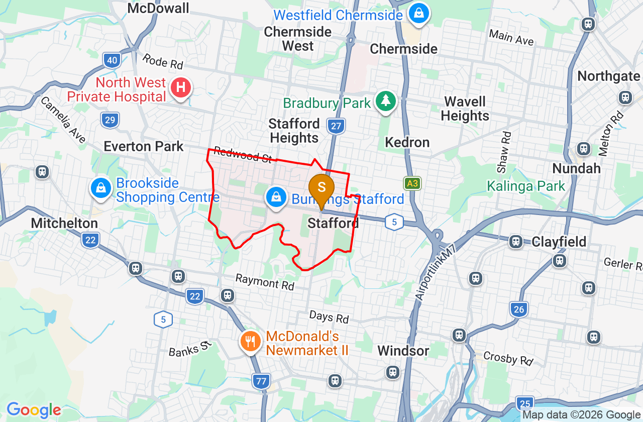 Map showing PCFixer computer repair service area and suburb boundary around Stafford QLD