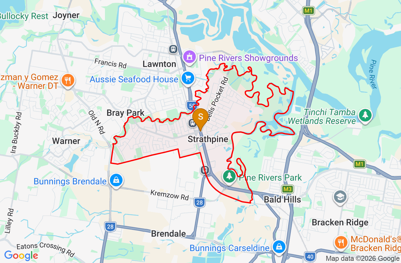 Map showing PCFixer computer repair service area and suburb boundary around Strathpine QLD