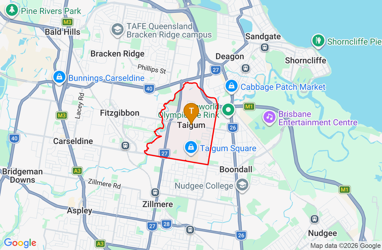 Map showing PCFixer computer repair service area and suburb boundary around Taigum QLD