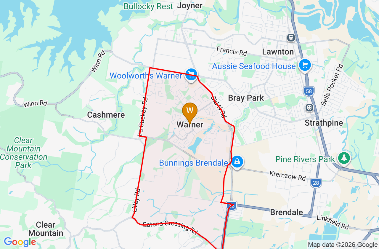 Map showing PCFixer computer repair service area and suburb boundary around Warner QLD