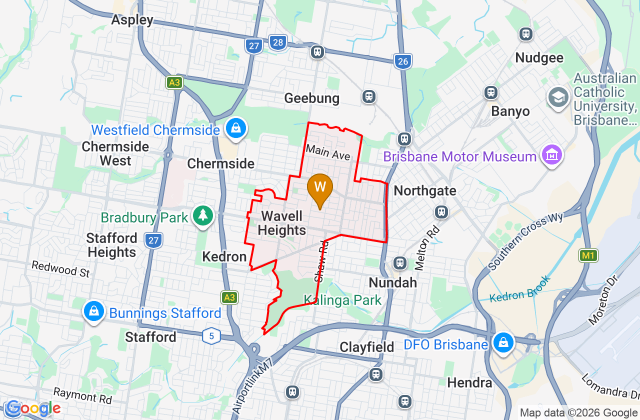 Map showing PCFixer computer repair service area and suburb boundary around Wavell Heights QLD