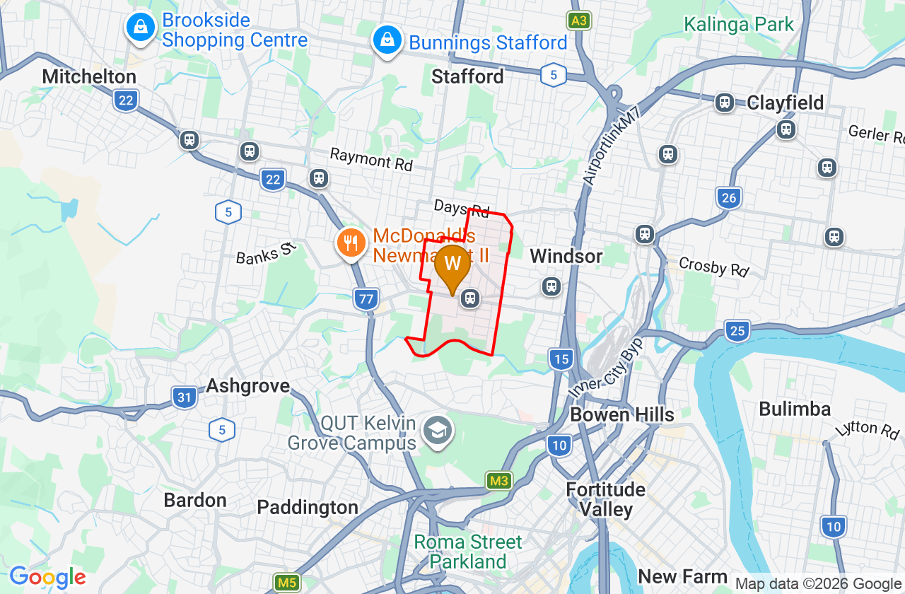 Map showing PCFixer computer repair service area and suburb boundary around Wilston QLD