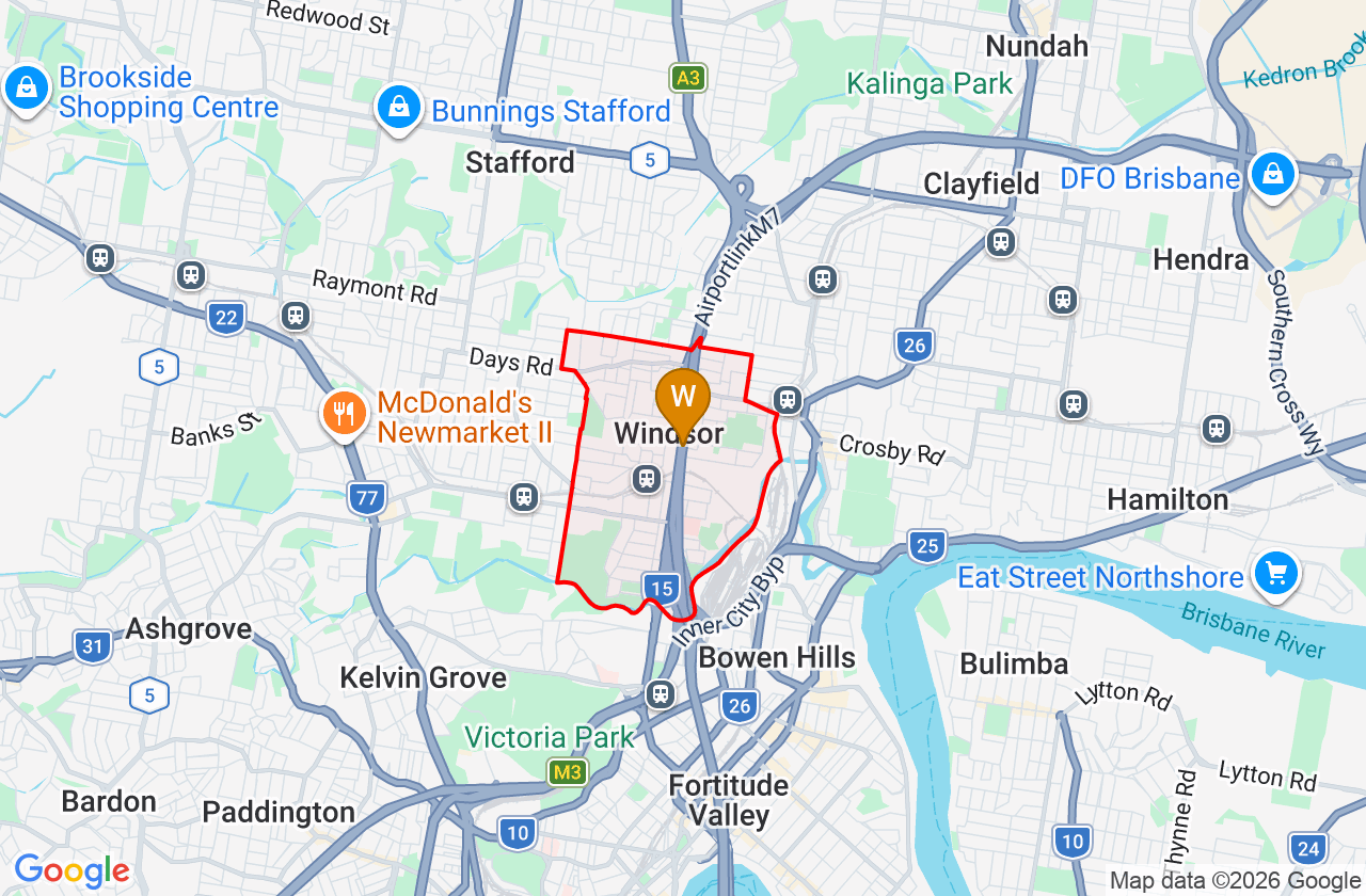 Map showing PCFixer computer repair service area and suburb boundary around Windsor QLD