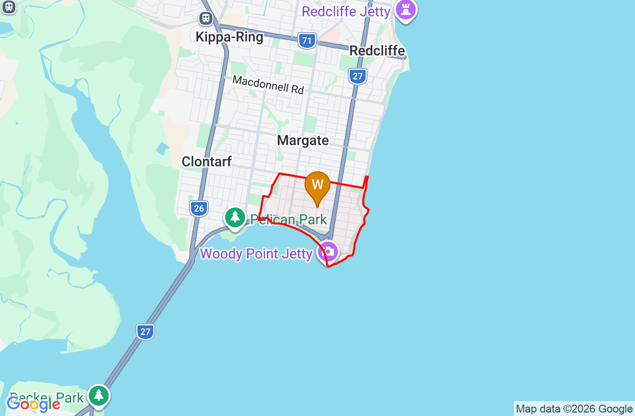 Map showing PCFixer computer repair service area and suburb boundary around Woody Point QLD
